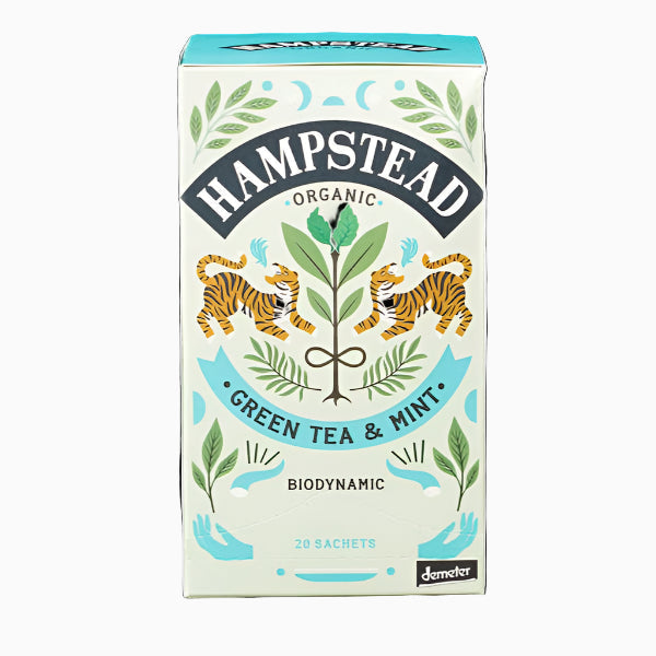 Box of Hampstead Organic Green Tea & Mint tea bags with a floral and animal design
