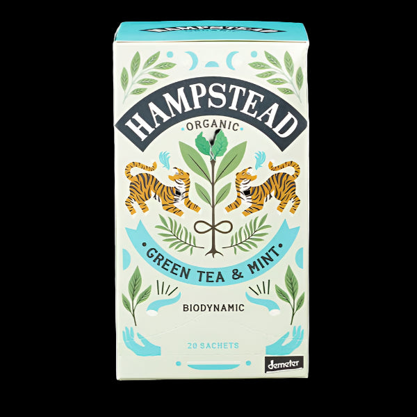 Box of Hampstead Organic Green Tea & Mint tea bags with a floral and animal design