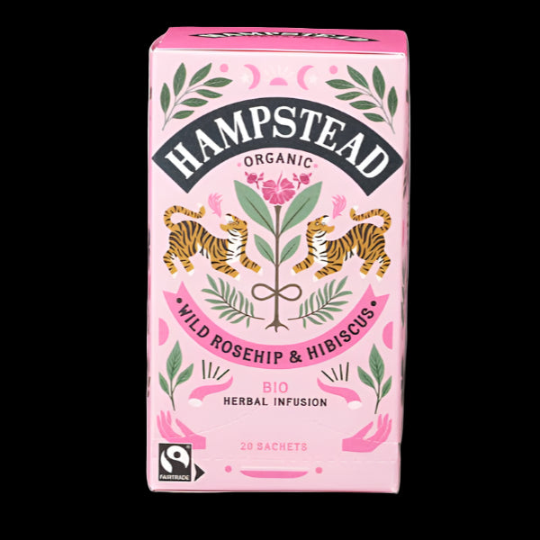Box of Hampstead Organic Wild Rosehip & Hibiscus Herbal Infusion tea with a pink background, botanical illustrations, and tigers.