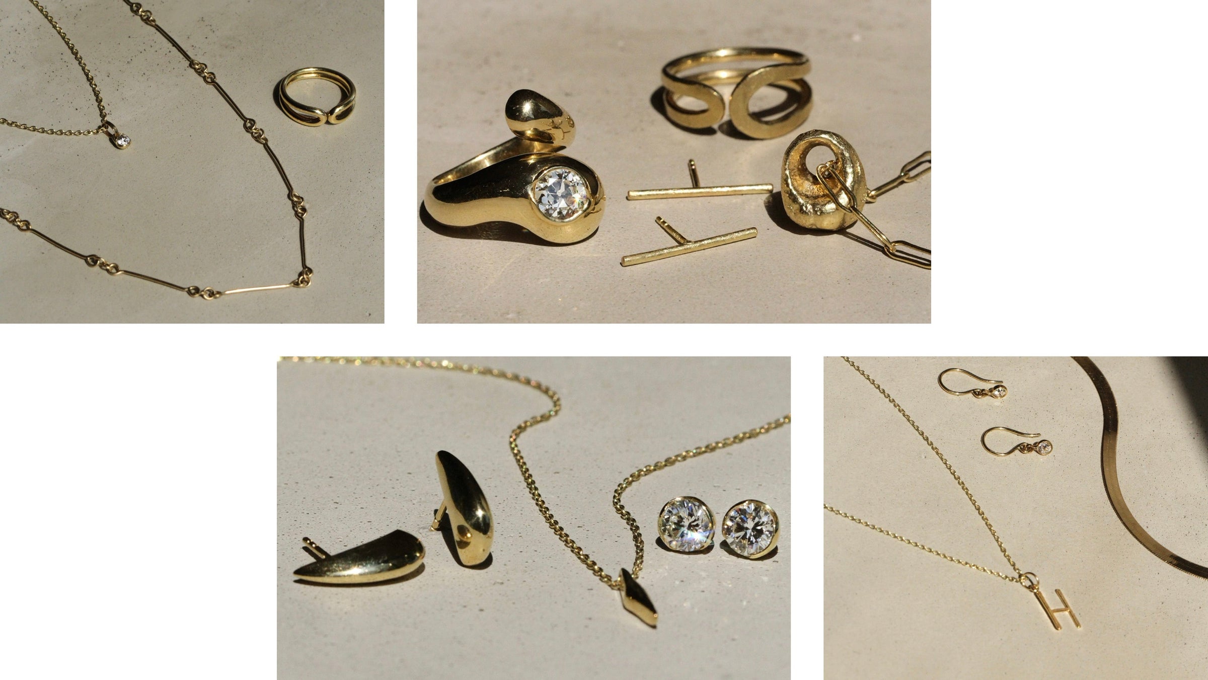 Collage of gold jewelry including necklaces and earrings on a neutral background