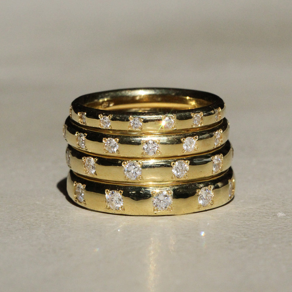 Sophie Hughes Sprinkle Diamond Bands in 18K Yellow Gold, shown in the four available widths