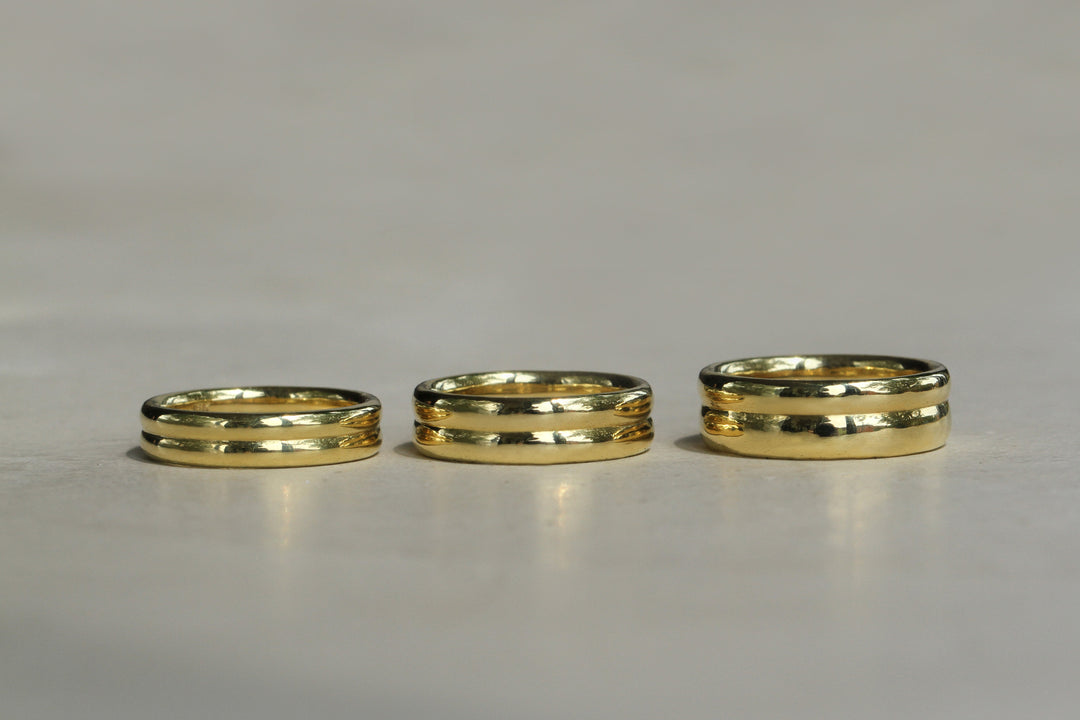 Sophie Hughes Duo Bands in 18K Yellow Gold, shown in the three available widths