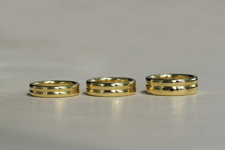 Sophie Hughes Duo Bands in 18K Yellow Gold, shown in the three available widths