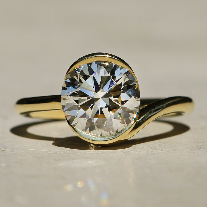 Sophie Hughes Poppy Bezel Wave Solitaire featuring 18K Yellow Gold and a 2-carat Round Brilliant Diamond